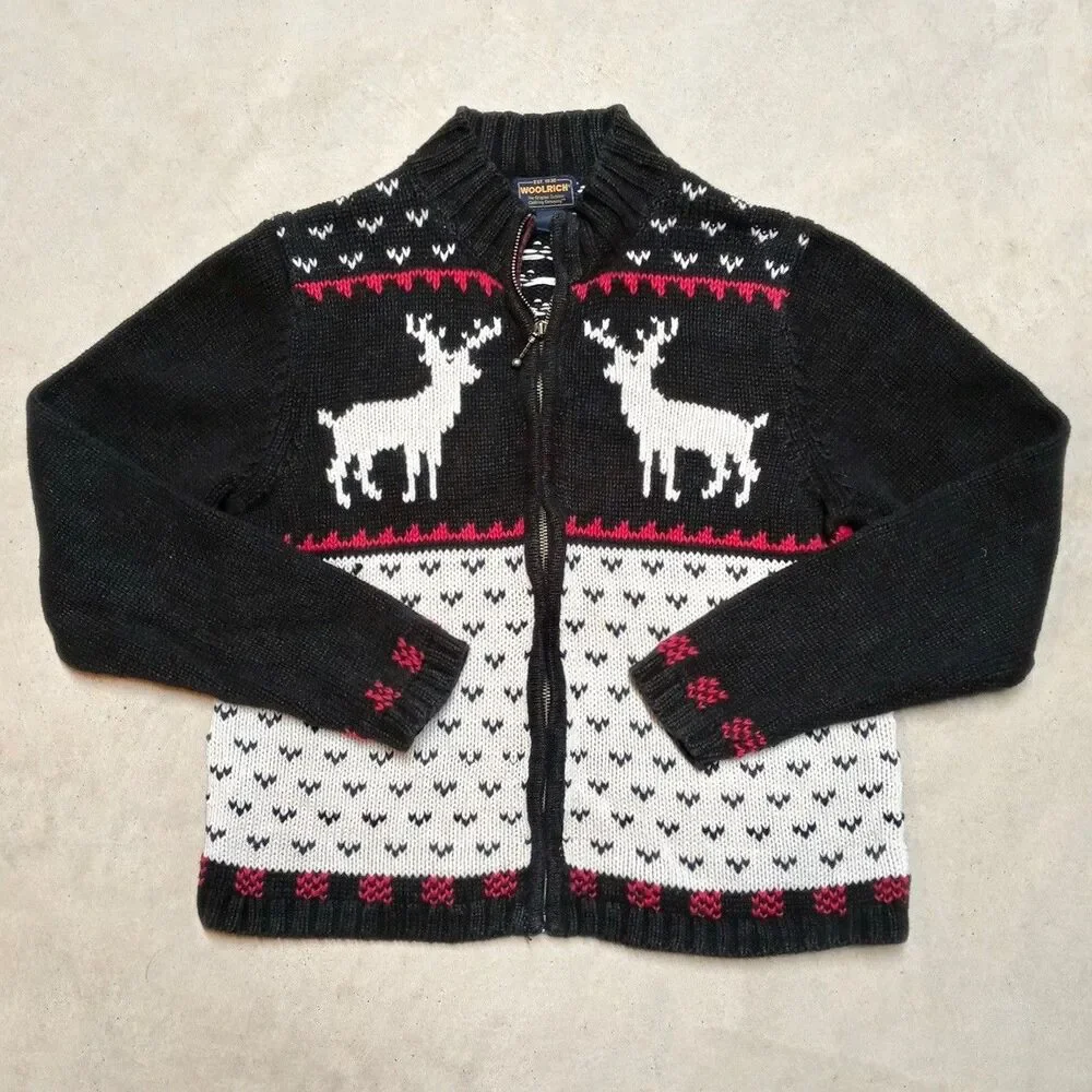 Vintage Woolrich Womens Sweater LARGE Reindeer Christmas Holiday Nordic Cardigan